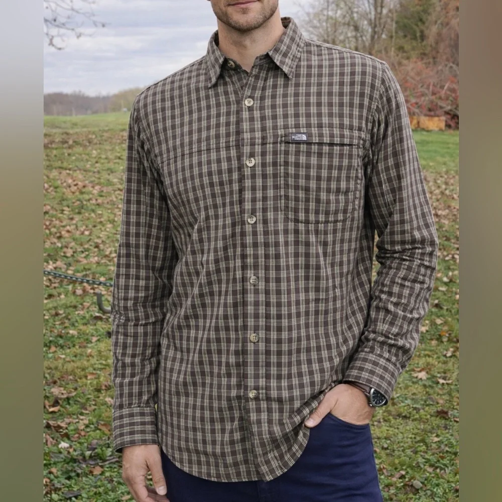 -The North Face Brown and Cream Checked Button Down L/S Men's Shirt Size Large